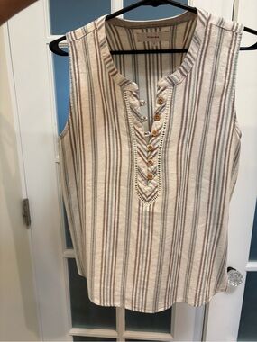 XiRENA Cream Tank with Taupe and Dusty Blue Stripes and Henley Buttons